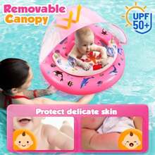 Baby Pool Float with Canopy UPF50+ Sun Protection Inflatable Pool Floats with Toy Play Console for Baby 6-36 Months Infant Swimming Float with Adjustable Safety Seat for Boys Girls - Rosa - Ver 3