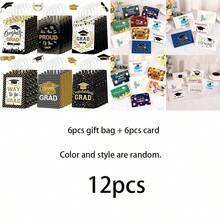 24 piezas/12 piezas/2 piezas Bolsas de regalo de papel para graduación, bolsas de decoración para fiesta de graduación, bolsas de regalo y tarjetas de felicitación para graduación - Color y estilo aleatorios - Ver 12