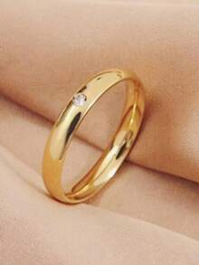 1枚优雅流行钻石戒指钛钢戒指百搭轻奢珠宝配饰小众不锈钢情侣戒指男女通用戒指简约素圈戒指万圣节礼物圣诞节小礼物 - 金色 - 查看 3