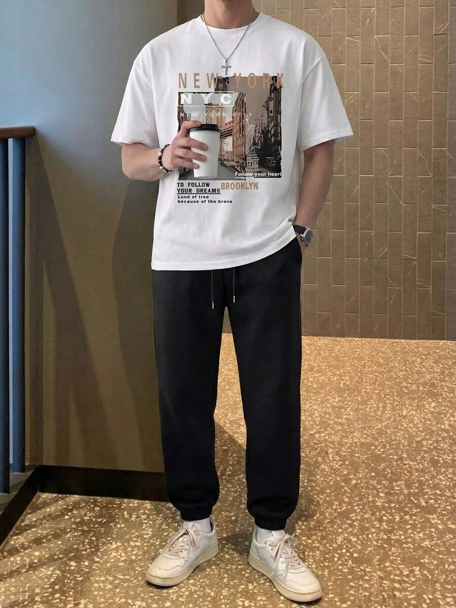 ALTZTAR Men's Round Neck Loose Printed Short Sleeve T-Shirt + Black Drawstring Sports Pants 2-Piece Set - Multicolor - View 1