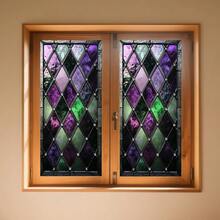 IVN Privacy Window Film Stained Glass Window Cling Purple And Green Design Decorative Static Cling Window Sticker Bathroom Entry Door 17.X 39.3 Inch - Berlian Ungu dan Hijau - View 9
