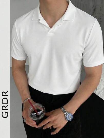  GRDR 男士时尚纯色立领短袖衬衫，适合商务场合穿着