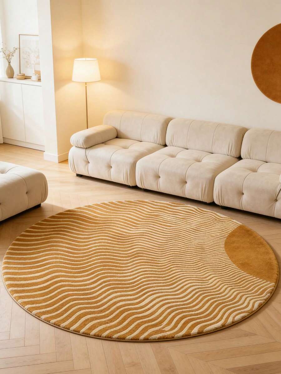 Minimalist Wavy Pattern Round Rug, Luxury Cream Striped Round Mat, Machine Washable, Suitable For Living Room, Bedroom Or Office Decor, Beige Curved Plush Area Rug, Comfortable And Fashionable Indoor Mat, Bedroom Floor Cover Modern Decorative Non-Slip Backing, Living Room Carpet, Bathroom Mat, Bath Rug, Door Mat, Small Rug, Carpet, Floor Mat, Home Decor, Area Small Rug, Outdoor Mat, Home Decor, Area Rug, Bedroom Rug, Washable Carpet - Multicolor - View 1