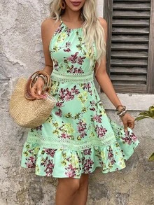 Women's Floral Print Contrast Lace Summer Holiday Dress - Mint Green - View 5