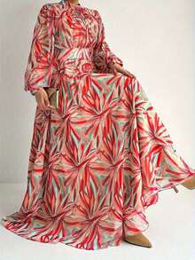 Printed Round Neck Maxi Kaftan Dress, Elegant Long Sleeve A-Line Flowing Dress, Women Vacation Spring - Color - View 7