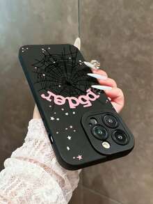 1个时尚粉色字母星星蜘蛛网图案手机壳，黑色哑光质感TPU材质，吸睛防摔，适合送给男友/女友，兼容 11/12/13/14/14Plus/15/15Plus/16/16Plus/7/8Plus/17/17Pro、Galaxy S22/23/24/25/A05/A05S/A53/A54/A55及其他安卓机型，国际版，非国内版 - 粉色 - 查看 2