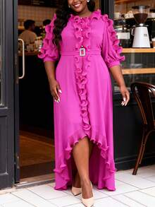 Vestido de verano elegante de gasa con bajo asimétrico para mujer de talla grande, diseño con volantes en capas, decoración con cintura anudada, falda acampanada, adecuado para invitada de boda, fiesta de primavera - Rosa Fucsia - Ver 7