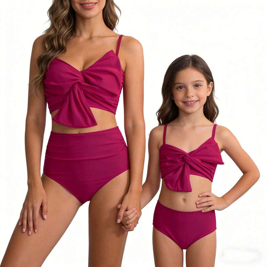 Mommy And Me Family Matching Swimsuits Summer Ruffle Tie Bowknot Sleeveless High Waist Bathing Suit For Womens And Kids Mom And Daughter Matching Wave Print Two Piece Bikini Sets Tankini - 玫紅色 - 查看 1