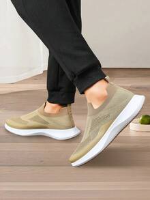 Giày nam lưới dệt kim nhẹ, thoáng khí, kiểu dáng slip-on, đế mềm, thích hợp đi bộ hàng ngày cho người trung niên và người cao tuổi. - màu nâu - Xem 3