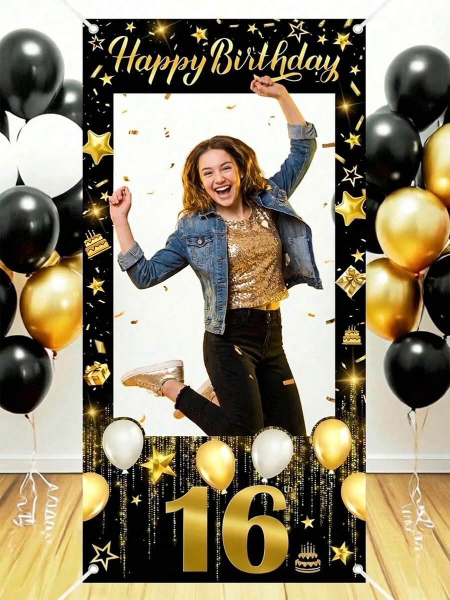 1 Pc 2026 Black & Gold Milestone Birthday Backdrop Bundle, 9 Age Options (16/18/20/30/40/50/60/70/80), Core Keywords: 2026, Birthday, Milestone, Black & Gold, Photo Booth Backdrop, Polyester, Waterproof, Foldable, Stain-Resistant, Birthday Party, Celebration, Home Decor