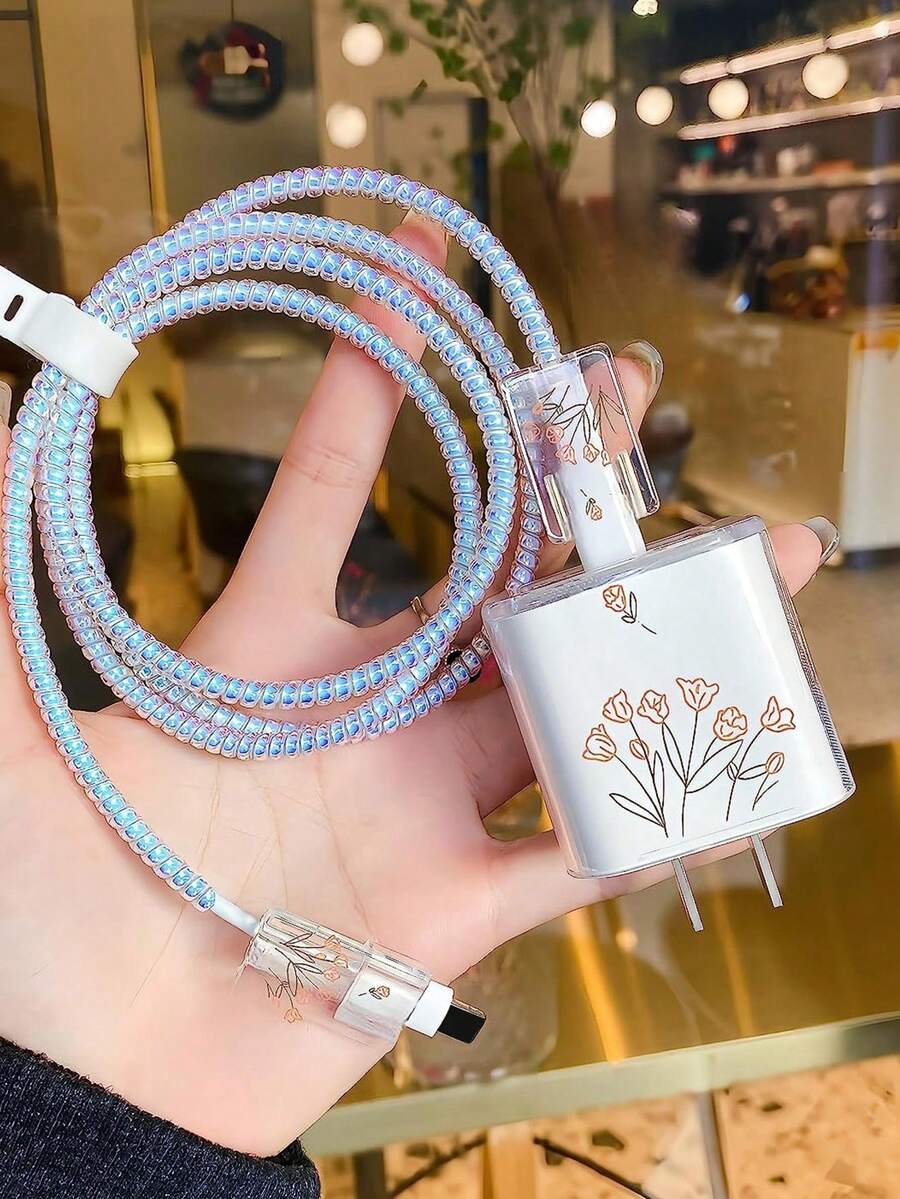 5pcs Transparent Square Tulip Shaped Cable Protector Set, Suitable Compatible With Apple 18W/20W Original Fast Charger - Multicolor - View 1