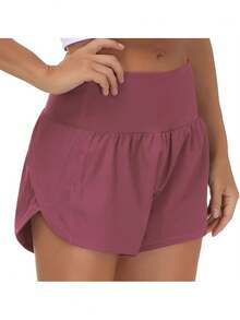 Womens High Waisted Running Shorts Quick Dry Athletic Workout Shorts With Mesh Liner Zipper Pockets - Hot Pink - View 4