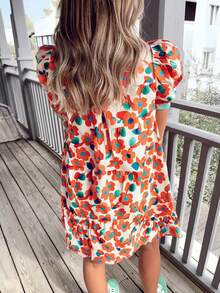 橙色撞色滚边花卉印花荷叶边领花瓣袖迷你叠层连衣裙，夏季优雅 - 彩色 - 查看 6
