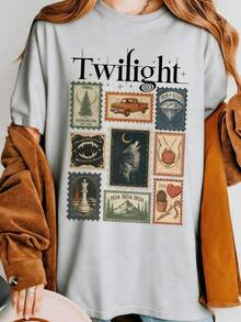 Vintage Twilight Movie Women T-Shirt, Retro Vampire And Wolves Graphic Tee, Y2K Oversized Classic 2000s Film Aesthetic Apparel, GothicHorror Romance - 灰色 - 查看 2