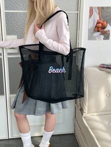 Beach Bag, New Mesh Oversized Lightweight Tote Bag For Picnic/Travel Mesh Beach Bag - Black - View 4
