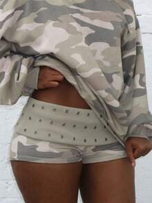 Womens Summer Fold Over Shorts Casual Slim Fit Stylish Rivet Design Low Rise Shorts - Nhiều màu - Xem 3