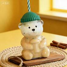 玻璃卡通熊吸管杯，果汁冷饮杯，牛奶咖啡杯，圣诞帽图案 - 綠色 - 查看 4