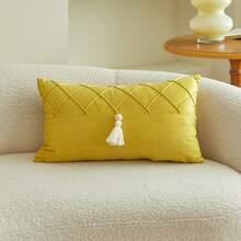 1pc Yellow Pleated Tassel Patchwork Decorative Pillow Cover, Suitable For Indoor Decor, All Season Pillow Sham, Pillow Insert Not Included - Yellow - View 10