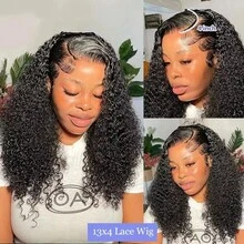 180% kurze Bob Perücken aus Echthaar, glueless, tiefe Welle Bob Perücken mit 13x4 transparenter Spitzenfront für Frauen, lockige Echthaar Closure Bob Perücken - Natural Black - Übersicht 7