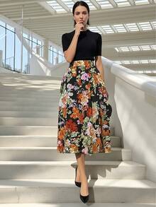 春夏新款复古活力花卉图案喇叭裙，优雅的下午茶花园装扮或都市约会装扮，修身百搭的女士度假裙装，黑色 - 黑色 - 查看 1