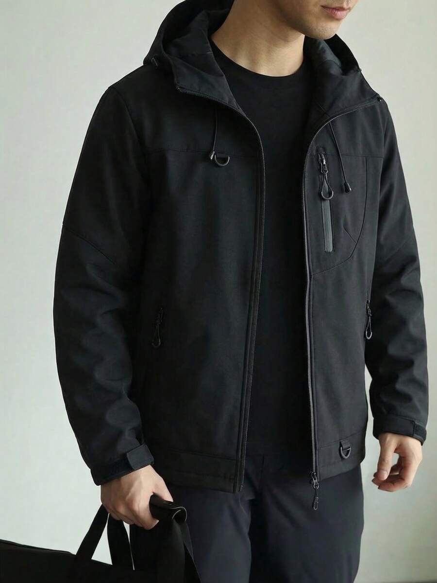 1 pieza Chaqueta para hombre, chaqueta con capucha y cremallera, material duradero anti-pelusas, funcional y casual para exteriores con múltiples bolsillos, adecuada para senderismo y camping - Negro - Ver 1
