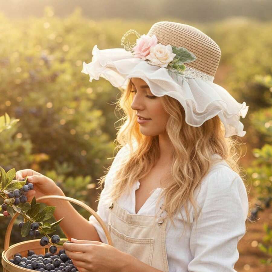 Flower Sun Hats For Women's Fashionable Mesh Wide Brim Sun Straw Beach Caps For Outdoor Vacation - Khaki - View 1