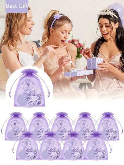 Bộ quà tặng lược gấp màu tím 12/3 món, bao gồm lược có gương, dây buộc tóc và túi dây rút, thích hợp làm quà tặng tiệc cưới, quà tặng tiệc cô dâu, phụ kiện chụp ảnh cho phù dâu, quà tặng sinh nhật, quà tặng tiệc ngủ.