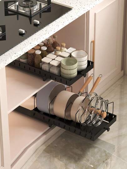 Adjustable Kitchen Storage Rack: Space-Saving Cabinet And Cookware Storage Solution, Suitable For Pots, Pans And Lids, Pull-Out Cabinet Storage Shelves For Kitchen And Bathroom, Kitchen Organizer, Spice Rack
