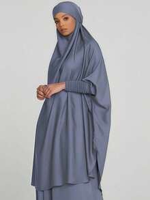 两件套穆斯林女性祈祷服套装，长袖宽松长袍，祈祷头巾，适合节日穿着 - 彩色 - 查看 12