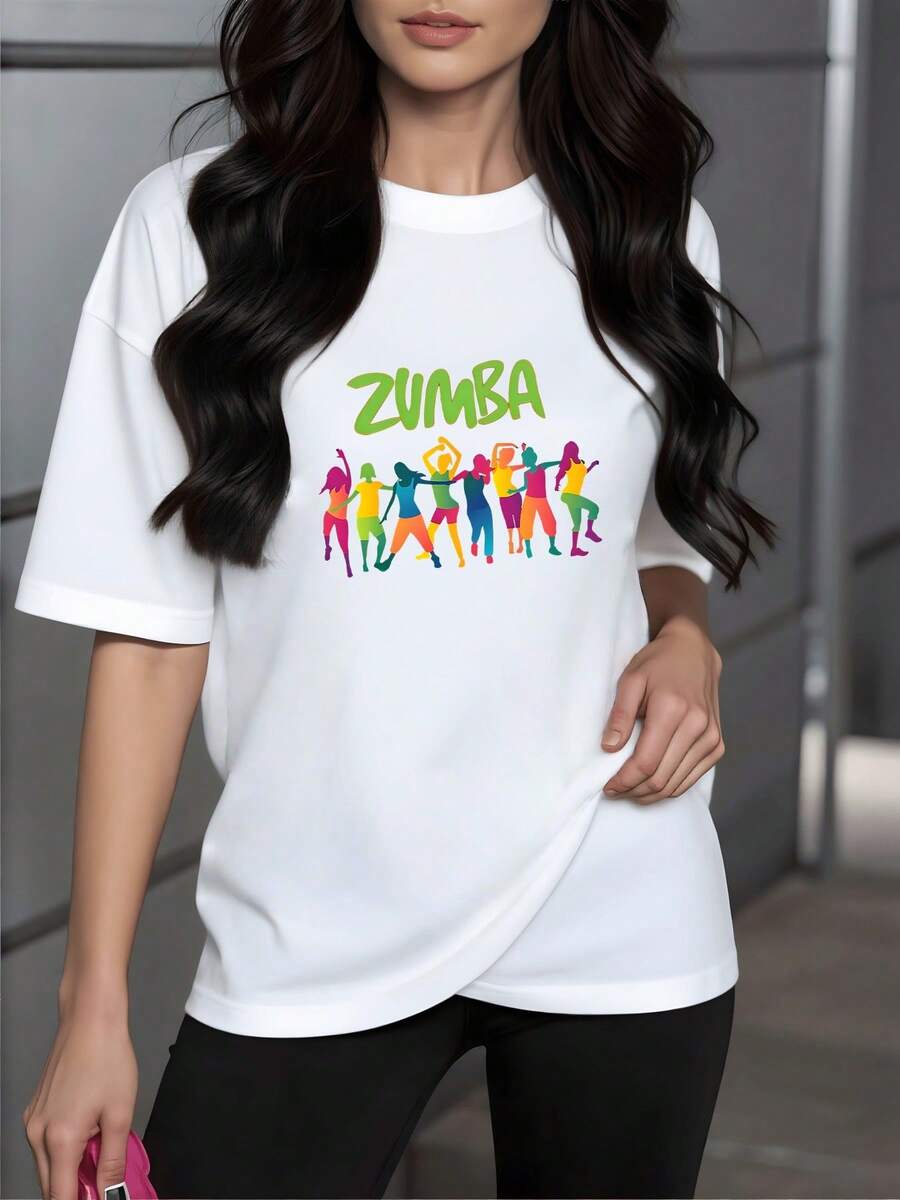 Figuras coloridas bailando juntas simbolizan energía alegría y movimiento positivo con espíritu dinámico que transmite motivación y bienestar camiseta de mujer casual 220g cómoda y moderna - Blanco - Ver 1
