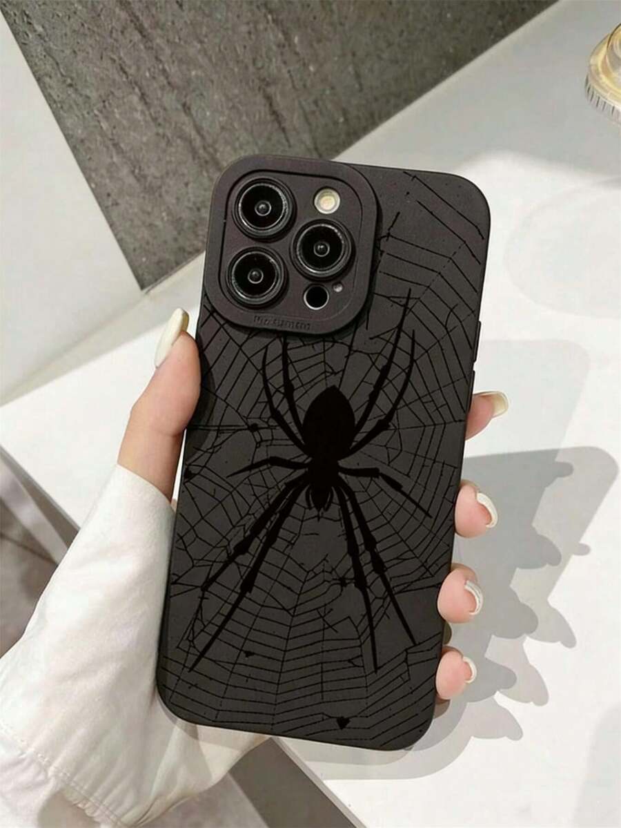1pc Fine Hole Straight Edge Black Line Spider Web Painted Thickened Anti-Fall Painted Phone Case Protective Cover - Multicolor - View 1