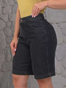 Women's Denim Shorts, High Waist, Casual - màu đen - Xem 5
