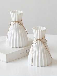 1pc Nordic Ins Style Pleated Waist Vase With Linen Rope Bow Vertical Rib Texture Vase, Minimalist Desktop Decor Suitable For Dried Flowers & Pampas Grass, Living Room & Bedroom - Multicolor - View 2