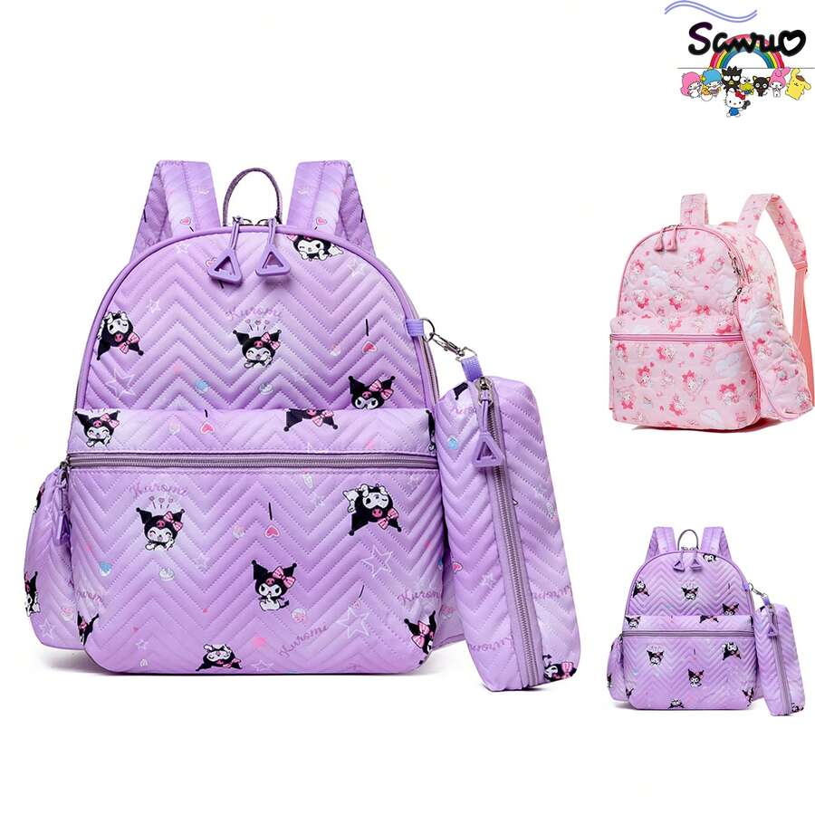 SANRIO 两件套：&Melody 紫色格子防水牛津布双肩包，多隔层拉链设计，耐用时尚；配套铅笔盒，轻便护脊学生包 - 彩色 - 查看 1
