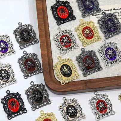 10pcs Vintage Alloy Multi-Color Hollow Spider Frame Pendant, DIY For Necklace, Keychain, Bag Decoration