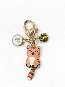 Customized Initial Cat Paw & Heart Keychain, Gold Heart Charm, Cat Paw Pendant, Gift For Girls - Khaki Cat + Paw Print Heart-shaped Buckle - View 3