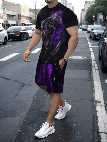 Ensemble t-shirt et short homme imprimé loup 3D, motif violet rêveur, tenue décontractée et confortable pour le printemps/été