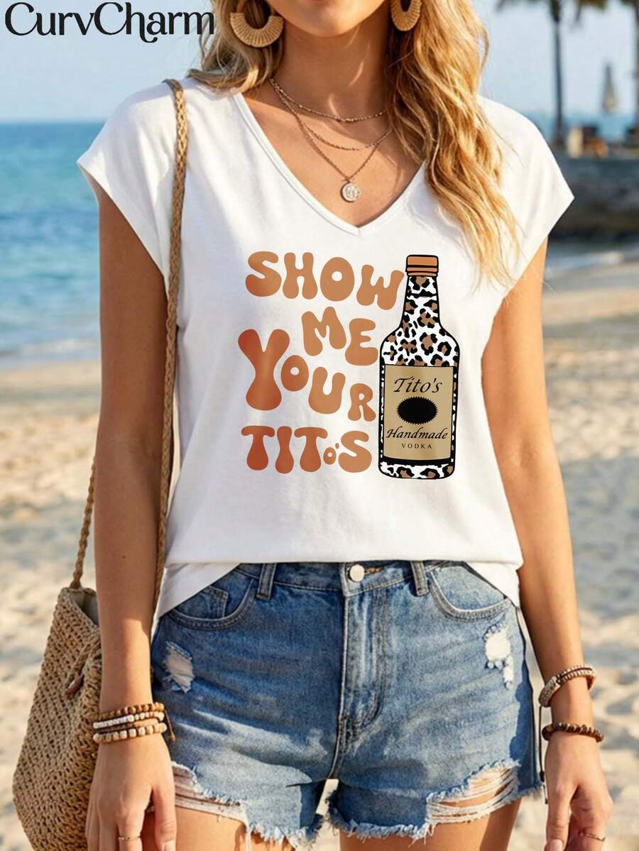 Show Me Your Tito's Over Size Women's V Neck T Shirt Casual Party Wear Short Sleeve Tops For Spring Summer Perfect Holiday Gifts For Women Ideal For Mother's Day Easter Season Graphic Tee For Women - White - View 1