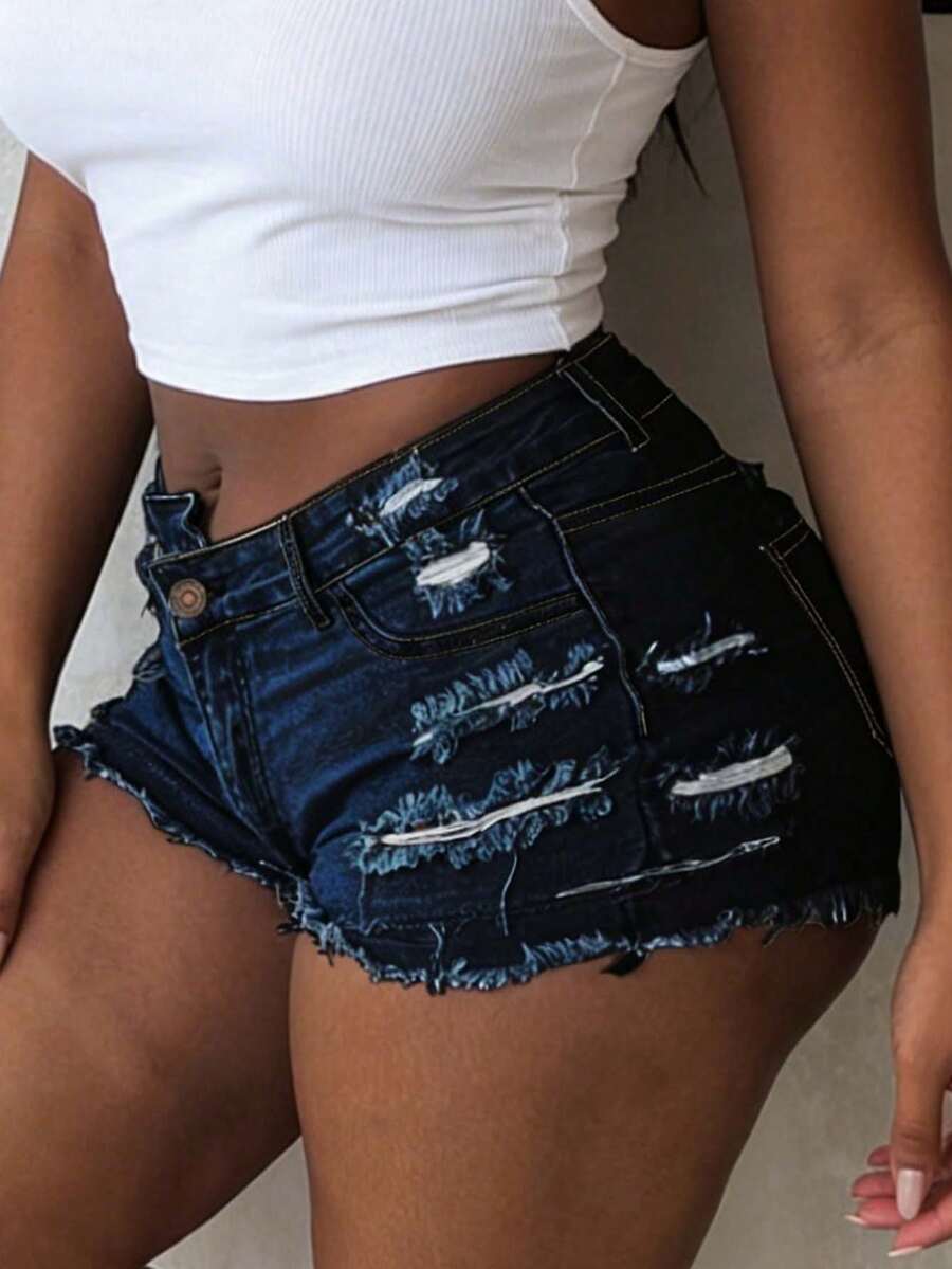 Shorts vaqueros desgastados informales de lavado claro para mujer con bolsillos y cierre de cremallera con botón para verano - Azul lavado oscuro - Ver 1