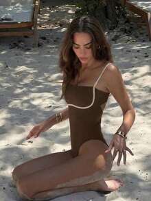 女士新款无肩带连体泳衣，性感休闲纯色沙滩度假派对装，春夏款 - 咖啡棕 - 查看 3