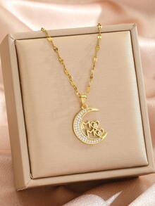 1件套宁静优雅的月亮和心形吊坠项链，配不锈钢链，作为母亲节礼物送给最棒的妈妈 - 金色 - 查看 2