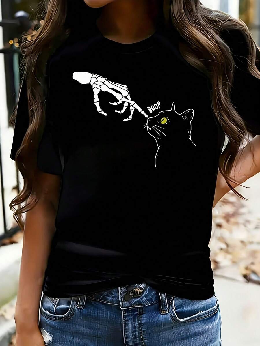 Halloween Skeleton Hand Cat Boop Funny Costume Cat Lovers 1 Pcs Women's Plus Size T-Shirt Funny Oversized Graphic Short Sleeve Tee Novelty 100% Cotton Shirt Casual Crew Neck Top 220g - 黑色 - 查看 1