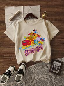 Whysmera SHEIN X SCOOBY-DOO Oversize Short Sleeve T-Shirt, Fun Cartoon Dog & Animal Train Combo Print, American Retro Playful Style - Apricot - View 4