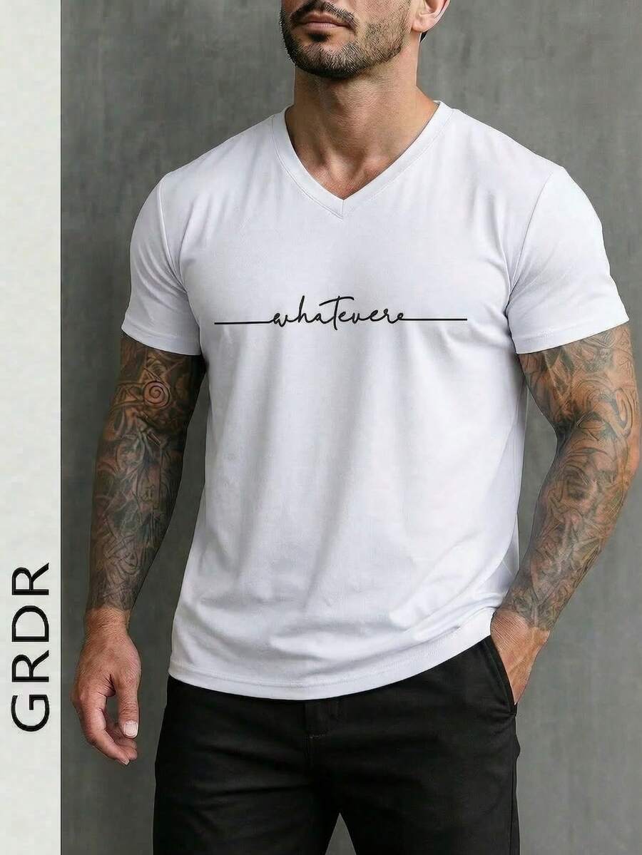GRDR 男士休闲字母印花短袖T恤，夏季款 - 白色 - 查看 1