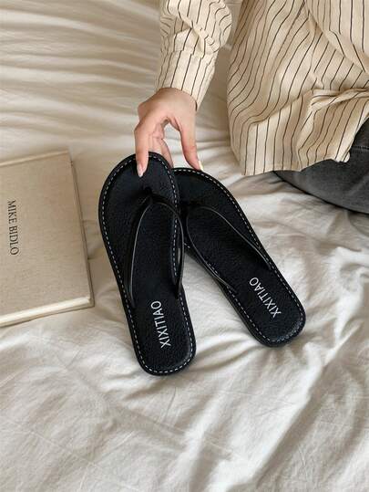 XIXITIAO Dép xỏ ngón đế mềm màu trơn tối giản, sandal đế bằng kiểu xỏ ngón phối màu tương phản, thích hợp cho bãi biển, kỳ nghỉ và hoạt động ngoài trời.
