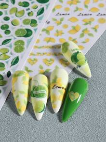 青柠柠檬美甲贴纸 2 片装 清新绿黄柑橘图案 自粘 3D 美甲贴花 夏季水果主题美甲贴片 指甲装饰配件 女士女孩适用 - 彩色 - 查看 8