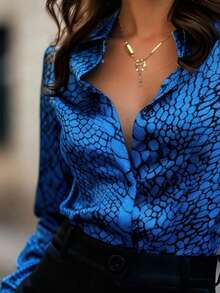 Camisa satinada sexy y seductora con estampado de piel de serpiente, diseño de nicho, ajuste delgado y versátil para primavera - Azul - Ver 2