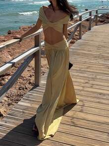 PoPoHouse Women's Elegant Two Pieces Set Sexy Off Shoulder Ruched Crop Top & High Waist Flowy Maxi Skirt For Summer Beach Vacation Party Wedding Guest Going Out Outfit Light Yellow Two Pieces Set - Light Yellow - View 8