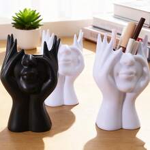 Abstract Human Face Sculpture Pen Holder, Multifunctional Makeup Brush Storage Bucket Plastic Pen Stand Desktop Decor - Face-holding Storage Bucket - View 1