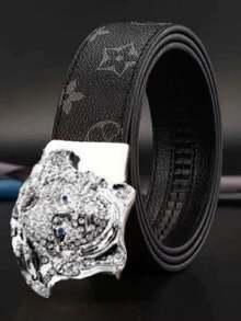 男士奢华设计师款腰带 - 闪亮水晶美杜莎头像扣，黑色字母图案自动腰带 - 彩色 - 查看 3